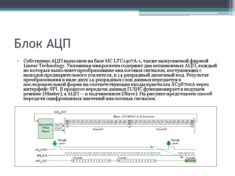 Блок АЦП Собственно АЦП выполнен на базе ИС LTC1407A-1, также выпускаемой фирмой Linear Technology. Блок АЦП Собственно АЦП выполнен на базе ИС LTC1407A-1, также выпускаемой фирмой Linear Technology.